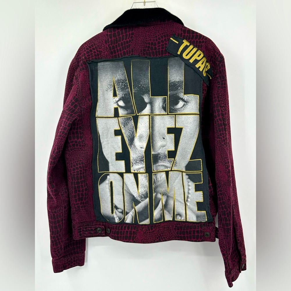 Tupac All Eyez On Me Jean Jacket Croc Print Fuzzy Collar Medium Large U145